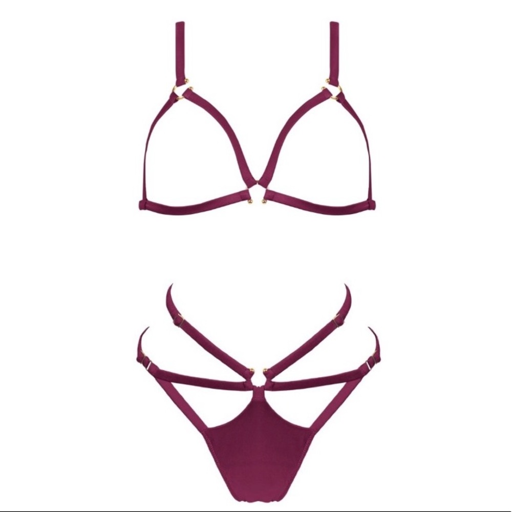 NWT Studio Pia Clea Cage Bra, and ouvert strap knicker, Mulberry, xs
